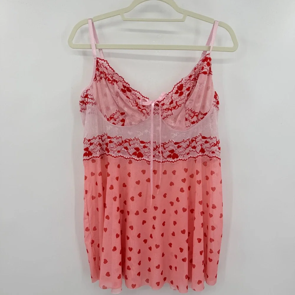Pink Heart Print Mesh‎ Babydoll Nightgown Lace Trim Sleepwear 4XL